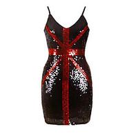Women\'s Sequin Casual/Daily Vintage Bodycon Dress, Letter Round Neck Above Knee Sleeveless Blue Red White Black Cotton Spring Summer Mid Rise