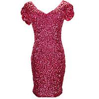 Women\'s Sequin Party Boho Bodycon Dress, Solid V Neck Mini Short Sleeve Red Black Purple Gold Others Fall High Rise Micro-elastic Medium