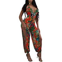 Women\'s Deep V High Rise Sexy Boho Loose Floral Print Backless Halter Split Flower Summer Beach Jumpsuits