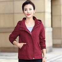 Women\'s Casual/Daily Simple Spring Jacket, Solid Hooded Long Sleeve Regular Cotton