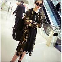 Women\'s Casual/Daily Simple Summer Fall Jacket, Camouflage Shirt Collar Long Sleeve Long Cotton