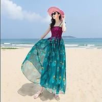 Women\'s Beach Swing Dress, Floral Strap Maxi Sleeveless Silk Summer Mid Rise Micro-elastic Thin