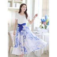 womens casualdaily swing dress print color block round neck maxi short ...