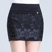 Women\'s High Rise Micro-elastic Shorts Pants, Slim Lace Jacquard Solid