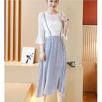 Women\'s Casual/Daily Swing Dress, Striped Round Neck Midi ¾ Sleeve Cotton Summer High Rise Micro-elastic Medium