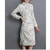 Women\'s Going out Shift Dress, Solid Floral Round Neck Midi Short Sleeve Linen Summer Mid Rise Micro-elastic Medium