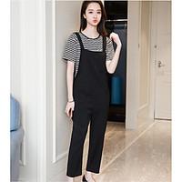 Women\'s Going out Casual/Daily Holiday Simple Summer T-shirt Pant Suits, Solid Striped Round Neck Short Sleeve