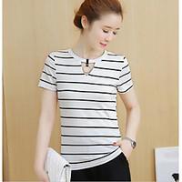 Women\'s Casual/Daily Vintage Summer T-shirt Pant Suits, Striped Round Neck Short Sleeve Micro-elastic