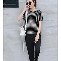 Women\'s Casual/Daily Simple Summer T-shirt Pant Suits, Striped Round Neck Short Sleeve Micro-elastic