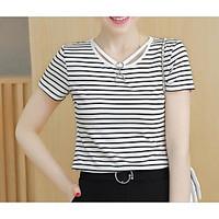Women\'s Casual/Daily Simple Summer T-shirt Pant Suits, Solid Striped Round Neck Short Sleeve