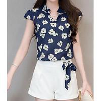 Women\'s Going out Casual/Daily Cute Summer Blouse Pant Suits, Print Asymmetrical Short Sleeve Micro-elastic