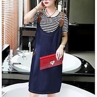 Women\'s Casual/Daily Simple Summer T-shirt Dress Suits, Striped Round Neck Short Sleeve Micro-elastic