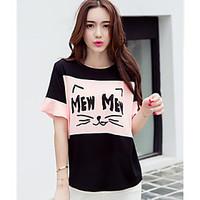 Women\'s Casual/Daily Simple Spring Summer T-shirt, Print Patchwork Round Neck Short Sleeve Cotton Thin