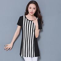 Women\'s Casual/Daily Simple T-shirt, Striped Round Neck Short Sleeve Acrylic