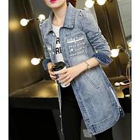 Women\'s Casual/Daily Simple Spring Denim Jacket, Solid Round Neck Long Sleeve Long Cotton