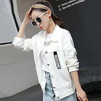 Women\'s Casual/Daily Street chic Spring Fall Jacket, Letter Round Neck Long Sleeve Regular Linen
