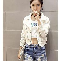 Women\'s Casual/Daily Vintage Spring Fall Jacket, Solid Shirt Collar Long Sleeve Short Cotton