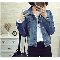 Women\'s Casual/Daily Vintage Spring Denim Jacket, Solid Round Neck Long Sleeve Short Polyester