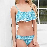 Womens Print Bule Off Shoulder Bikini Swimwear (M-2XL)