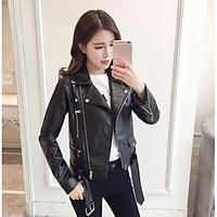 Women\'s Casual/Daily Simple Fall Leather Jacket, Solid Shirt Collar Long Sleeve Short PU