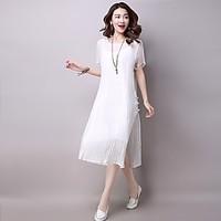 Women\'s Casual/Daily Holiday Vintage Simple Loose Swing Dress, Solid Round Neck Maxi Short Sleeve Cotton Summer Mid Rise Micro-elastic