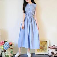 Women\'s Going out A Line Dress, Striped Round Neck Midi Sleeveless Cotton Summer Mid Rise Micro-elastic Thin