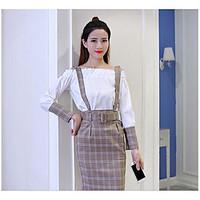 Women\'s Casual/Daily Simple Spring Shirt Skirt Suits, Striped Bateau Long Sleeve Micro-elastic