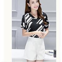 Women\'s Casual/Daily Simple Cute Summer T-shirt Skirt Suits, Solid Striped V Neck Short Sleeve Micro-elastic
