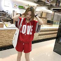 Women\'s Going out Casual/Daily Simple Cute Spring Summer T-shirt Pant Suits, Solid Letter Hooded ½ Length Sleeve Micro-elastic