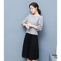 Women\'s Casual/Daily Simple Spring T-shirt Skirt Suits, Striped Round Neck 3/4-Length Sleeve