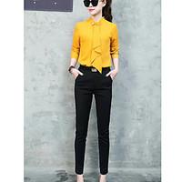 Women\'s Casual/Daily Work Simple Spring Shirt Pant Suits, Solid Stand Long Sleeve Micro-elastic
