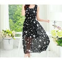 Women\'s Casual/Daily Simple Loose Dress, Polka Dot Round Neck Midi Sleeveless Chiffon Satin Summer Mid Rise Micro-elastic Medium