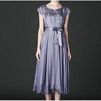 Women\'s Going out Swing Dress, Solid Deep U Midi ½ Length Sleeve Silk Summer Mid Rise Micro-elastic Medium