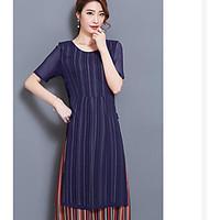 womens daily casual a line dress solid color block embroidery round ne ...