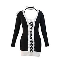 Women\'s ChokerLace Up Black White Lace Up Long Sleeve Choker Mini Dress