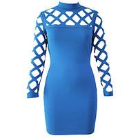 womens cut out blue hollow out long sleeve mock neck bodycon dress