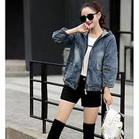 Women\'s Casual/Daily Simple Summer Denim Jacket, Solid Hooded Long Sleeve Regular Linen