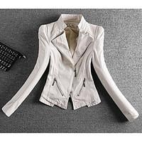 Women\'s Casual/Daily Simple Spring Leather Jacket, Solid Notch Lapel Long Sleeve Regular PU