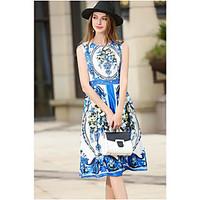 Women\'s Going out Swing Dress, Floral Round Neck Midi Short Sleeve Silk Summer Mid Rise Micro-elastic Medium