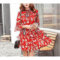 Women\'s Going out Holiday Vintage Cute A Line Sheath Dress, Animal Print Stand Mini ¾ Sleeve Others Spring Summer Mid Rise Micro-elastic