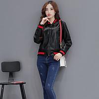Women\'s Casual/Daily Simple Spring Summer Leather Jacket, Solid Stand Long Sleeve Regular Nylon