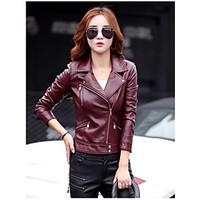 Women\'s Casual/Daily Vintage Fall Leather Jacket, Solid Round Neck Long Sleeve Short Cowhide