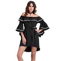 Women\'s Casual/Daily Simple Sheath Little Black Dress, Striped Hooded Knee-length Long Sleeve Black Polyester All Seasons Low Rise