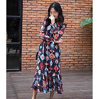 Women\'s Going out Street chic A Line Dress, Print Round Neck Midi Long Sleeve Cotton Spring Summer Mid Rise Micro-elastic Thin