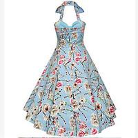 Women\'s Going out Cute A Line Skater Dress, Floral Print Halter Knee-length Sleeveless Cotton Summer Mid Rise Micro-elastic Medium