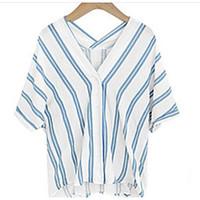 Women\'s Casual/Daily Simple Summer Shirt, Striped Shirt Collar ½ Length Sleeve Cotton Opaque