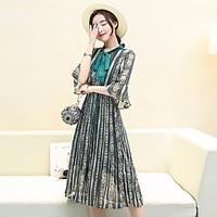 Women\'s Casual/Daily Sheath Dress, Floral Round Neck Maxi ½ Length Sleeve Silk Summer Mid Rise Micro-elastic Thin