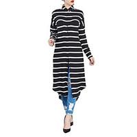 Women\'s Casual/Daily Simple Loose Dress, Striped Shirt Collar Midi Long Sleeve Cotton Summer Mid Rise Micro-elastic Medium