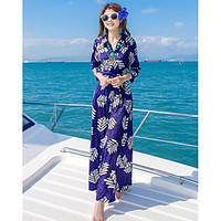 Women\'s Beach Swing Dress, Print V Neck Maxi ¾ Sleeve Others Summer Mid Rise Micro-elastic Thin