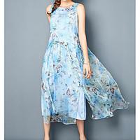 womens casualdaily swing dress print round neck maxi sleeveless cotton ...